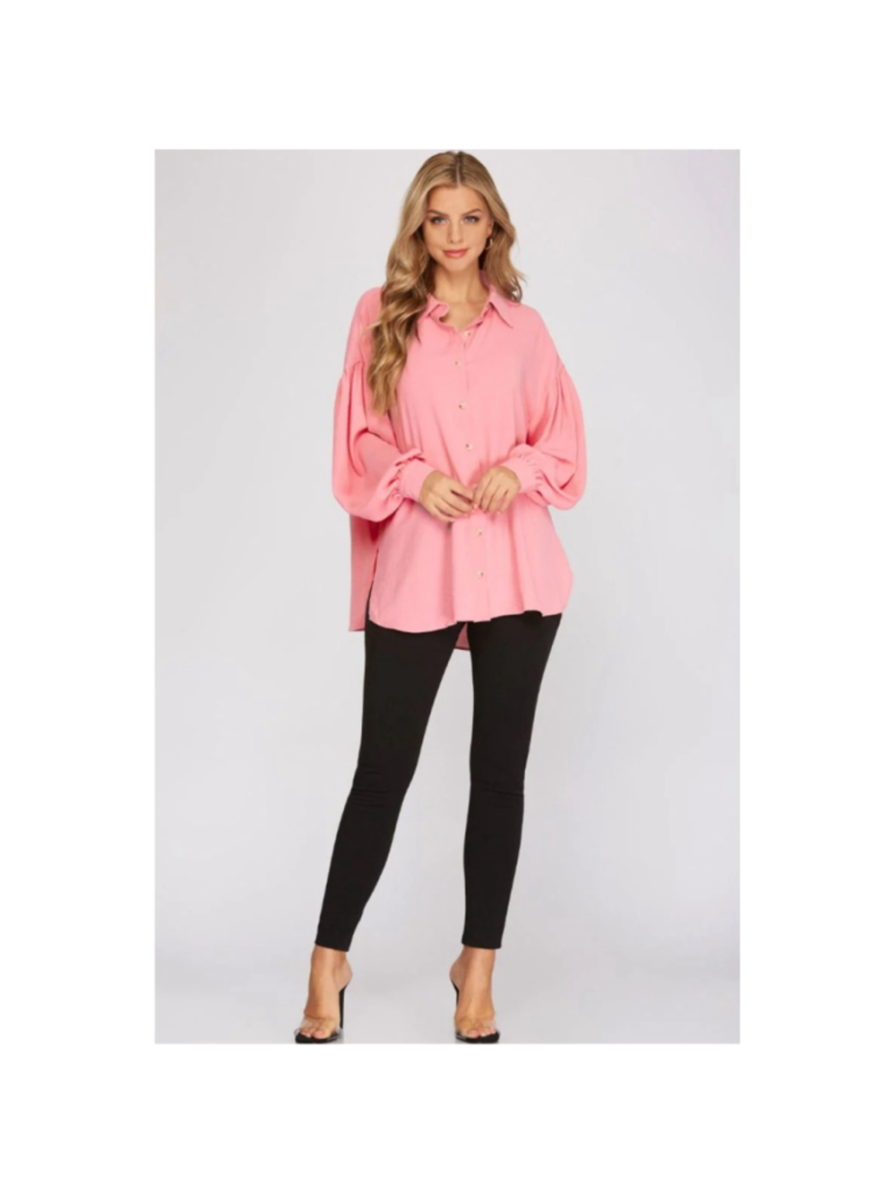 Rose Pink Button Down Blouse Balloon Sleeve Flowy Top Size Medium - Picture 5 of 6